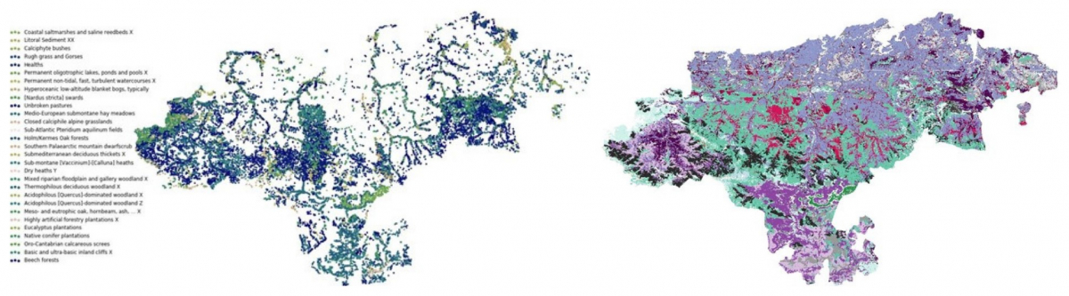 A la izquierda, el conjunto de datos de trabajo de campo en Cantabria. Parte de estos datos fueron usados para entrenar el algoritmo. La parte restante se uso para evaluar su precisión. Gracias a ello desarrollamos el mapa de la derecha: un mapa preliminar, mostrando la cateogría EUNIS más probable para cada categoría.