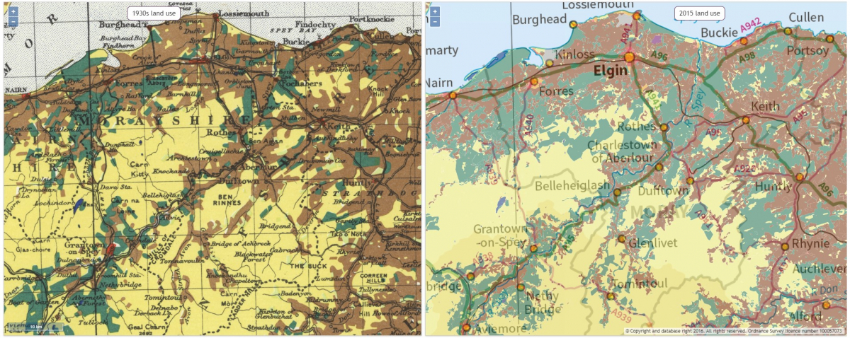 A la izquierda, mapa del uso de la tierra de Escocia en los años 30. A la derecha, la misma región en un mapa de 2015.