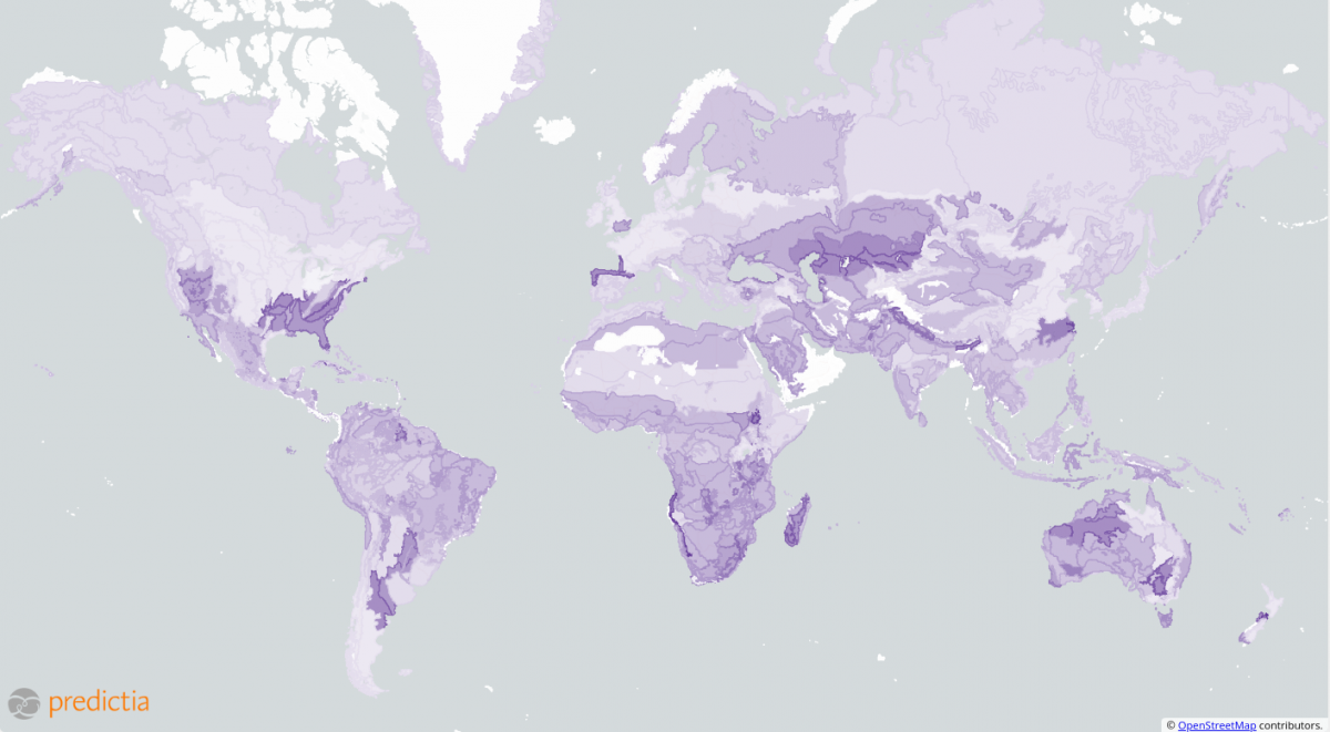 Figura 5: Mapa mostrando las distintas duraciones de la temporada de incendios en cada región ecológica del planeta. Un mayor sombreado significa una temporada de riesgo de incendios más larga.
