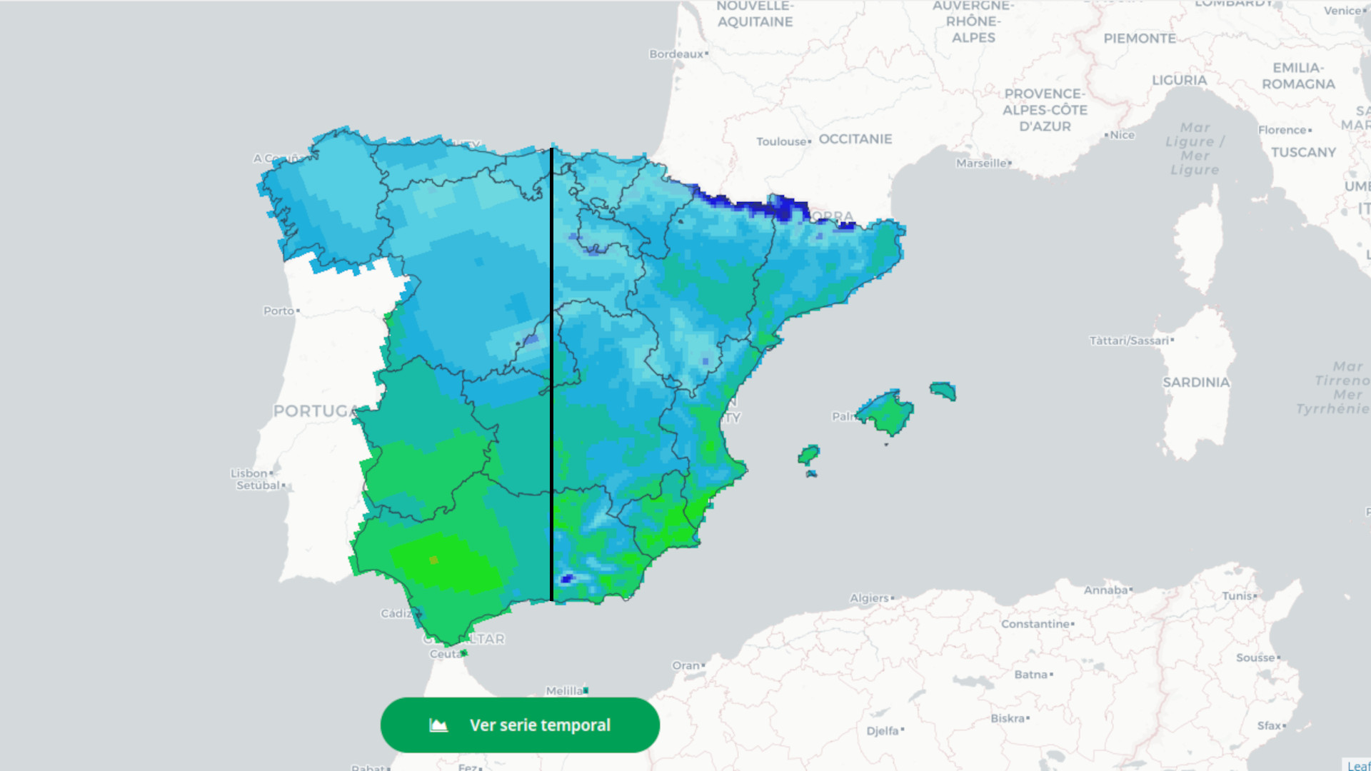 Aumento de resolución: a la izquierda, la media anual de los modelos antiguos para la variable de temperatura máxima en el escenario de emisiones RCP4.5 en un futuro cercano (en este caso, 2011-2040). A la derecha, seleccionadas las mismas opciones, se muestra la información con mayor resolución gracias a las mejoras introducidas en la actualización.