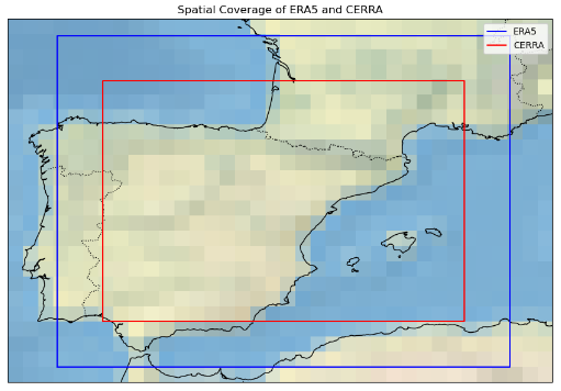 Imagen de la cobertura espacial de ERA5 y CERRA en la península Ibérica