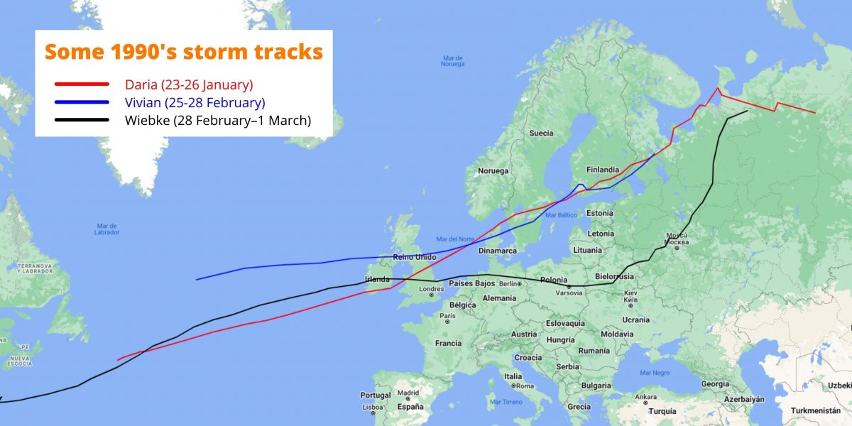 Strom tracks for Kyrill, Daria and Vivian, that swept northern Europe in 1990